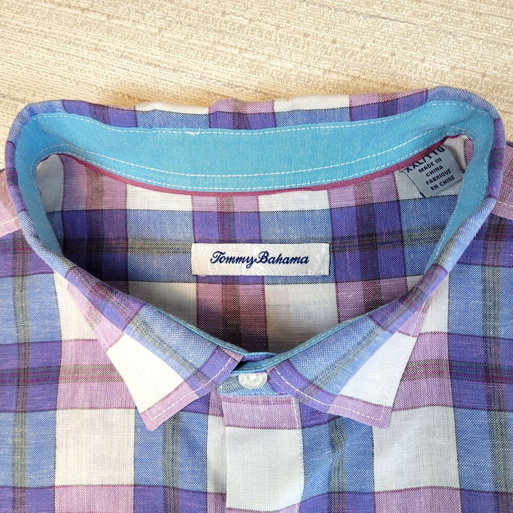 Tommy Bahama IslandZone Shirt Men 2XL Linen Blend Long Sleeve Purple Plaid D6